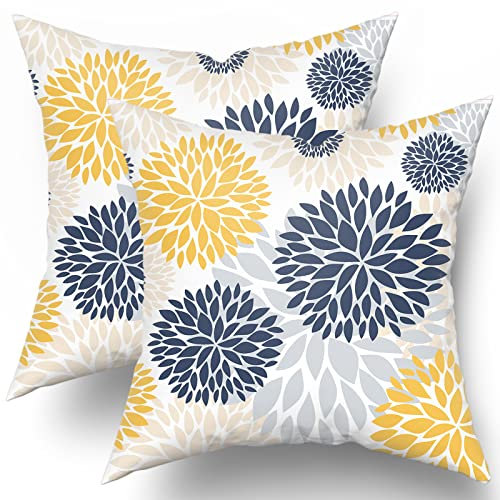 Kawani Kissenbezüge, marineblau und gelb, 40,6 x 40,6 cm, 2 Stück, graue Dahlie-Blume, Kissenhüllen, Blumendekoration, Überwurfkissen, Geschenk für Bett, Couch, Sofa, Wohnzimmer