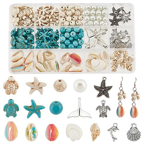 PH PandaHall 208 Stück 15 Stile Sommer Strand Perlen Muschel Perlen Seestern Anhänger Schildkröte Charms Ozean Tier Abstandsperlen Für Armbänder DIY Schmuckherstellung Heimdekoration Makramee