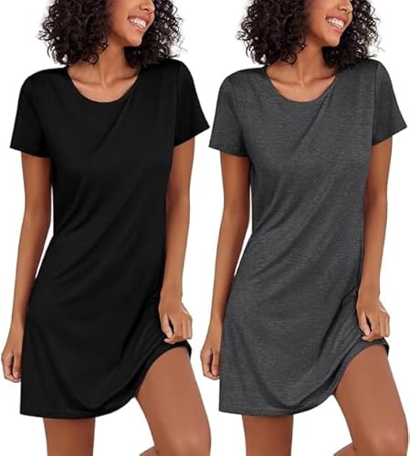 Ekouaer Estiva Camicia da Notte Donna Cotone Sexy 2 pacchi Camicie da Notte Manica Corta Nightdress Comodo 2pcs, Grigio+Nero, XL