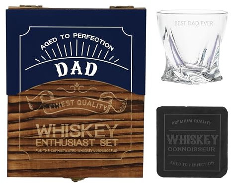 Pavilion - Best Dad Ever - 11 oz Whiskey Glass 4 Slate Coaster Wooden Box Gift Set Daddy from Daughter Son Children Kids