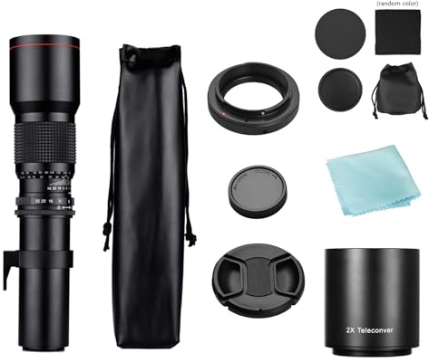 HUIOP Téléobjectif Zoom Super téléobjectif 500 mm F/8.0-32 Zoom manuel T-Mount + 2 téléconvertisseurs 500 mm + anneau adaptateur T2- de rechange pour Canon Rebel T7 T7i T6 T6i T5 80D 7