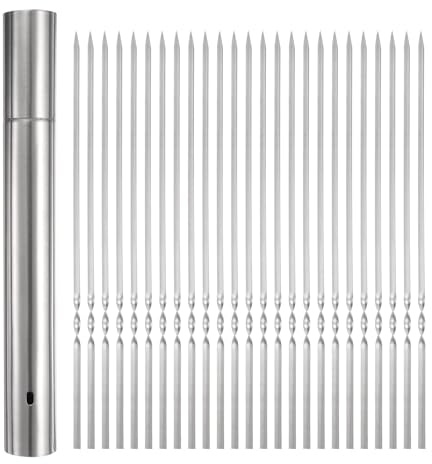 sourcing map 100pcs Metal Kebob Skewers 30cm x 3.5cm Stainless Steel Flat Sticks Reusable BBQ Barbecue Skewers Outdoor Grill Stick with Tube Storage for Meat Shrimp Fruit Vegetables