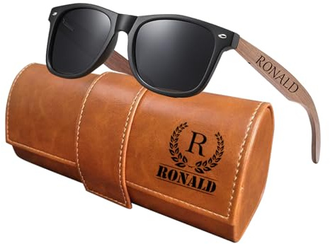 ELULAE Personalisierte Holz-Sonnenbrille mit Lederbox, Walnussholz-Sonnenbrille für Männer und Frauen, mit UVA- und UVB-Schutz, individuelles Geschenkset