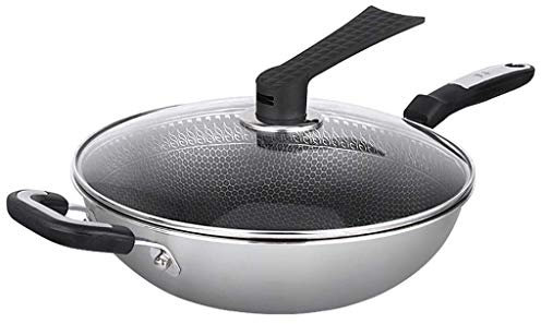 OQHAIR Wok para inducción Wok Sartén Antiadherente 304 Wok de Acero Inoxidable sin Humo Estufas de Gas Cocina de inducción Estufa de Gas Olla Especial (Tamaño: 32 cm) (32 cm)