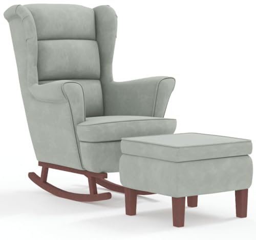 Hommdiy Schaukelstuhl mit Hocker,Wohnzimmer Sessel mit Hocker,Outdoor Samt Schaukelstuhl, Hellgrau Mit Fußablage