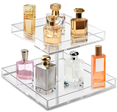 Houseen Organizzatore per profumi in acrilico a 2 livelli per comò e piano di lavoro, organizer in acrilico trasparente, organizer per cosmetici, espositore per profumi, per camera da letto, comò