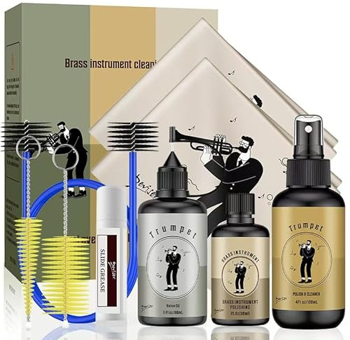 Complete Trumpet Care Kit - Includes Polishing,Valve Oil,2 Cleaning Cloths,Slide Grease,and Cleaning Brush