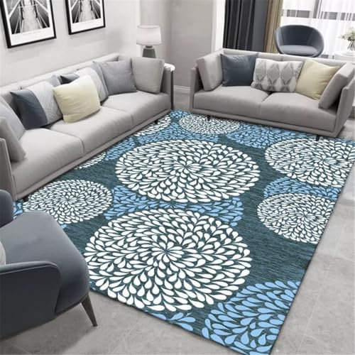 RUGMRZ Fleckerlteppich Küchenteppiche Blauer, runder, pflegeleichter Teppich für Wohnzimmer und Esszimmer mit Blumenmuster Kurzflor Teppich 200X260CM