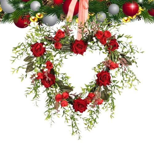 demaxiyad Corona di Fiori per San, Corona di Fiori a Forma di Cuore - Corona di Rose a Forma di Cuore,Corona di Porta Artificiale Floreale da 15,74 Pollici