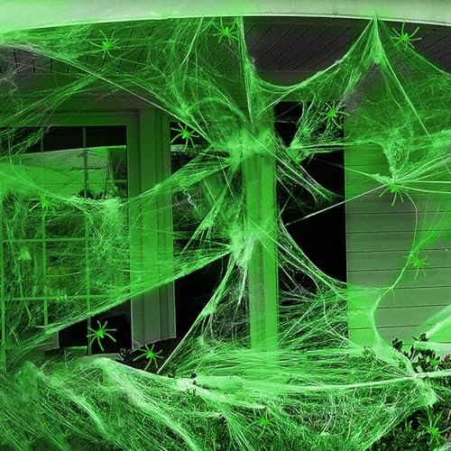 Spinnennetz-Dekoration, gefälschtes Spinnennetz, Gruseliges künstliches Halloween-Spinnennetz, Weißes, gedehntes, leuchtendes, künstliches Spinnennetz mit 60 künstlichen Spinnen, Halloween-Heimdekorat