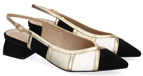 shoes&blues.es 90196 Zapato Plano de Mujer, Comodo, Estilo Salon, de Punta Fina, Combinacion de Dos Materiales y Cierre de Hebilla. Negro Talla 40
