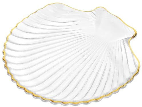Linkidea Clear Glass Soap Dish Tray with Gold Trim, Elegant Sea Shell Design for Bathroom Decor, Cleanser Holder for Vanity, Countertop, Sink