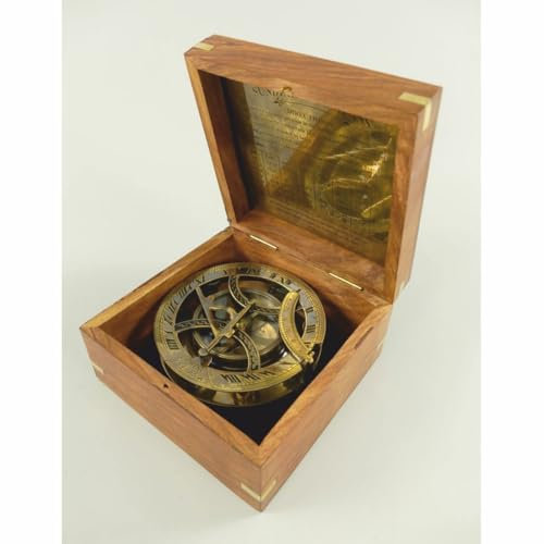 Casa Padrino Reloj de sol decorativo con brújula en caja de madera, color marrón/latón bruñido