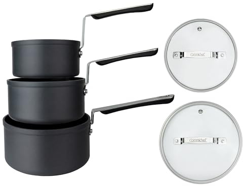 Commichef 3-Piece Cookware Set in Anodised Aluminium with Non-Stick Coating, Includes 14cm Milk Pan, 16cm Saucepan with lid & 18cm Saucepan with lid, Stackable Design