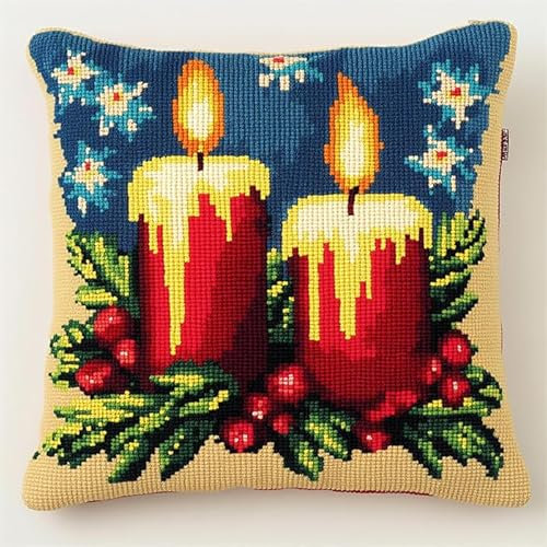 WallustrioaW Weihnachten Knüpfkissen Set,Kerzen und Blumen,Knüpfkissen Set für Anfänger Erwachsene oder Kinder zum Selber Knüpfen,DIY Knüpfteppich Knüpfpackung,43x43cm