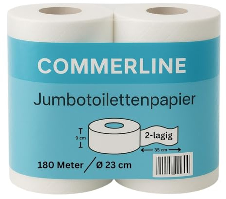 Commerline Jumbo Toilettenpapier 6 Rollen, Große Rollen, 2-lagig | Ø 23 cm, 180 m/Rolle, weiß, Klopapier für Jumbo-Toilettenpapierspender, Großrollenspender, Gastronomie, Büro & Gewerbe