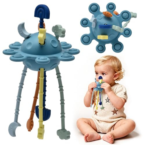 Little Rawr Silicone Baby Sensory Montessori Toys & Pull String Toys for 18 M+, Toddler Birthday Gift Car Seat Airplane Travel for 1 2 Year Old Boy Girl Infant 18 Months Old (Blue)