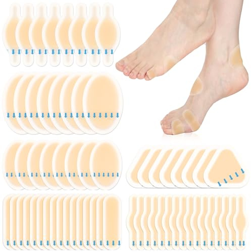 64 Pieces Hydrocolloid Blister Bandages for Feet - 6 Styles Waterproof Adhesive Blister Pads, Blister Patches for Heel, Foot, Toe, Blister Cushions for Prevention