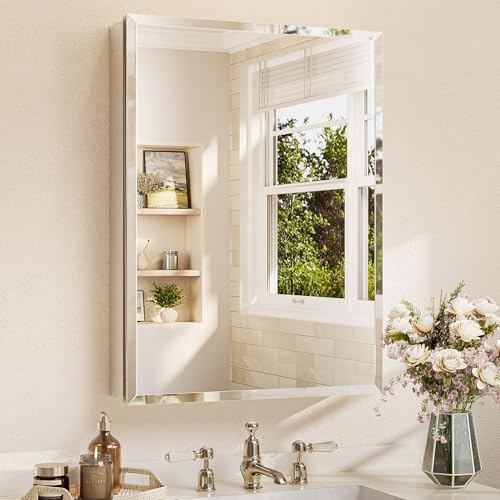 TETOTE 24 x 32 Bathroom Mirror Cabinet with Tempered Beveled Mirror Silver Medicine Cabinet Aluminum Cabinet DTC Hinges, Stepless Adjustable Shelves, Recessed/Surface-Mounted