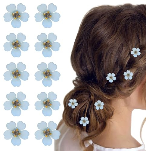 Mezrkuwr 10 pezzi di mini fermagli per capelli blu con cristalli floreali, accessori per trecce estivi da spiaggia per donne, clip a artiglio, fermagli per capelli, fermagli per feste, matrimoni,