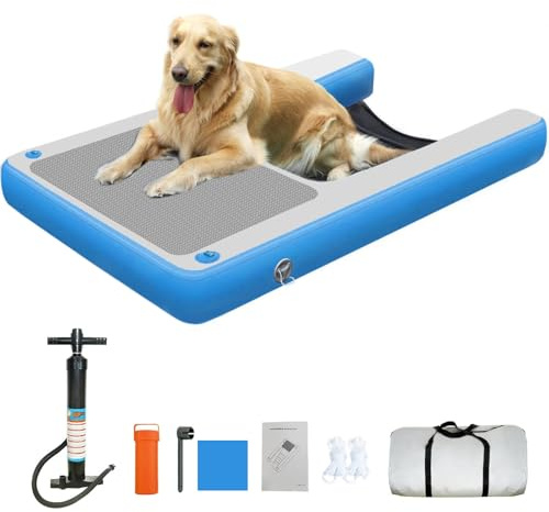 Hundepontonboot-Leiter Rampe, tragbare Hunderampe für Pool kleine große Hunde, aufblasbare PUP-Planken Hundeschwimmer Floating Rampe Leiter mit Anti-Schlupf-Oberfläche, leicht zu aufblasen blue