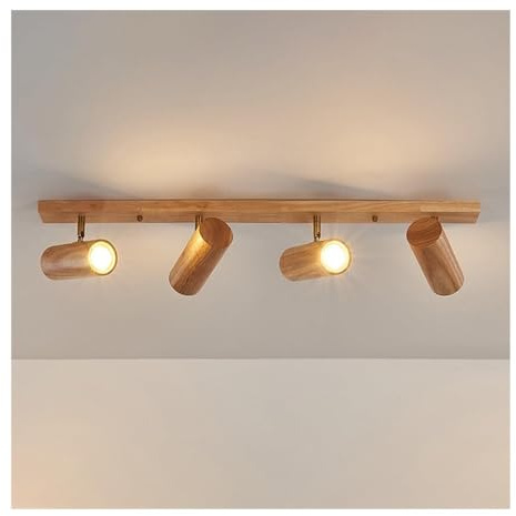 Lámpara techo LED moderna con diseño madera nórdica, minilámpara direccional ajustable japonesa for sala estar, galería, pasillo y oficina.(Wood-Three-color,4-lights)
