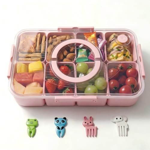 Enssjoy Snack Box with 8 Removable Compartments, Divided Serving Tray with Lid & Handle, Reusable Snack Containers for Snack, Sandwich, Spices, Sweets, Fruit, Nuts, Salad, Crisps & Dips