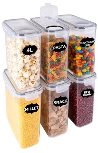 Generisch 6er Vorratsdosen 4L Lebensmittel Aufbewahrung mit Deckel Luftdicht und Etiketten Vorratsbehälter Kellogs Aufbewahrungsbehält BPA freie Küche Organizer für Nudeln Müslidosen Reis Mehl Hafer