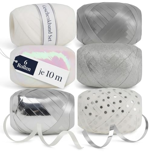 MIJOMA Geschenkband Set – Ringelband zum Verpacken, Basteln und Verzieren – glänzend oder matt für Feiern, Geschenke und kreative Projekte (weiß - silber, 6 Rollen Geschenkband je 10m)