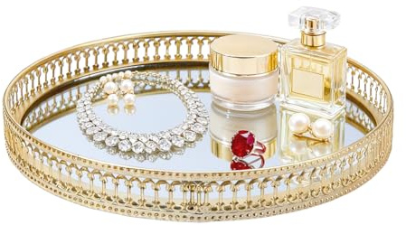 DICOSMETIC 25cm Gold Mirrored Vanity Tray Decorative Perfume Tray Bathroom Vanity Glass Mirror Trays Round Decorative Organizer for Dresser, Bedroom, Bathroom Countertops