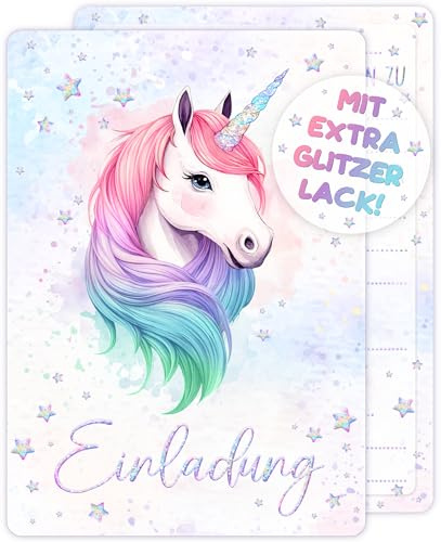 12x GLITZER Einhorn EINLADUNGSKARTEN KINDERGEBURTSTAG Mädchen Junge - die Aquarell Regenbogen PARTY Karten sind die Einhorn EINLADUNG für Mädchen Jungen Kinder GEBURTSTAG Einladung Pferde UNICORN
