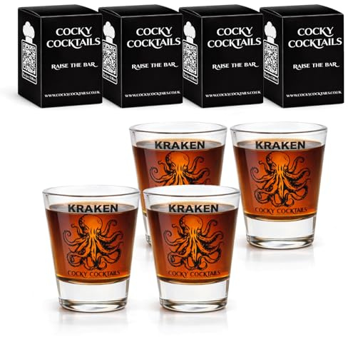 The Spice Specialist Kraken Rum Shot Glasses (4 Pack Clear) – Glass Rum Shot Glasses – Novelty Cocktail Glasses for Parties & Home Bar – Unique Gift by Cocky Cocktails