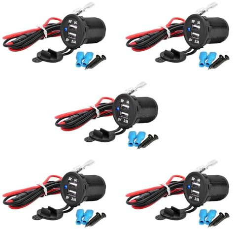 MMOBIEL Paquet de 5 Chargeur Universel USB étanche 2 Prises avec indicateur LED Bleu avec 2 Prises USB Dont 1x de Charge Rapide 2.1A 12V à Installer pour Utilisation sur Bateaux, Motos, quads, etc