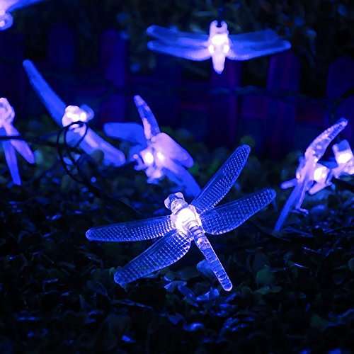 DINOWIN Dragonfly Solar String Lights Outdoor, 20ft 30 LED Waterproof Fairy Lights Decorative Lighting for Indoor/Outdoor Home Garden Lawn Fence Patio Party and Holiday Decorations (Blue)