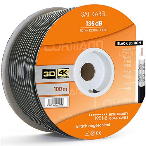 LOKMANN 100m Schwarz Koaxialkabel 135dB 5-Fach geschirmt Koax Antennenkabel Satellitenkabel Sat Kabel Stahl Kupfer