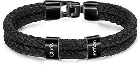 Lovejewellery Personalisierte Armband mit 2~5 Name Perlen Herren Lederarmband Personalisiert Männer Braid Armband mit Namen Graviert Edelstahl Geschenk für Männer Vatertag (2 Name)