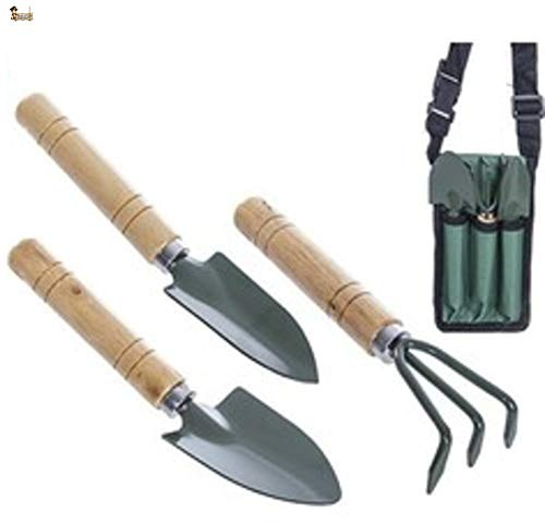BricoLoco Kit mini outils de jardin, jardinage, potager Râteau scarificateur, transplantoir et pelle avec étui avec sangle réglable pour épaule ou ceinture. Manche en bois.