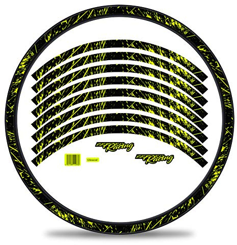 Finest Folia 16-delat set fälgkantsdekal klistermärke för cykelfälgar i racingdesign komplett set för 27 tum 29 tum för vägcykel mountainbike MTB balanscykel RX024 (neongul, glans)