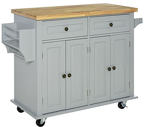 HOMCOM Kitchen Island on Wheels, Rolling Kitchen Storage Trolley with Rubber Wood Top, Drawers, Adjustable Shelves, Towel and Spice Rack for Dining Room, Grey