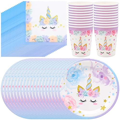 BLLREMIPSUR 16 Gäste Einhorn Geburtstag Geschirr Kit mit Pappteller Tassen Servietten, Einhorn Partyzubehör Geburtstagsdeko Set für Kinder Geburtstagsparty Baby Shower Hochzeit