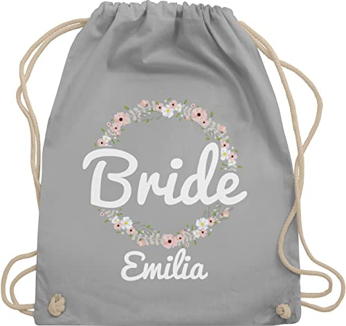 Turnbeutel Rucksack personalisiert - JGA Junggesellenabschied - Bride mit Blumenkranz weiss - Unisize - Hellgrau - braut personalisierbar junggesellinnenabschied beutel jungesellenabschied name