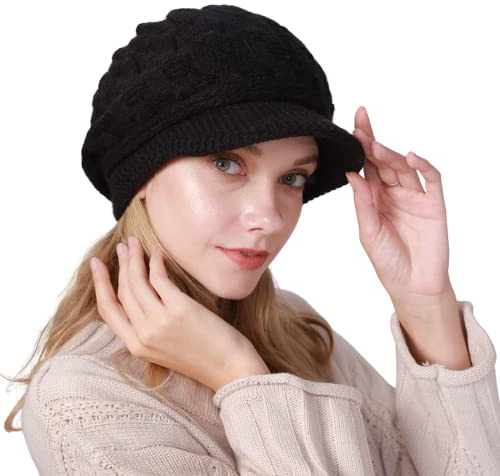 Rayson Bérets Élégance Bonnet pour Femme Chapeau Casquette Tricoté avec Peluche Doux et Respirable Chaleur en Hiver（Noir）