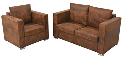 Makastle Sofa Set 2-TLG. Sessel und 2-Sitzer Sofa Couch Sofagarnitur mit Auflagen Polstersofa Loungesofa Polstermöbel Sitzmöbel Wohnzimmersofa für 3 Personen, Vintage Wildleder Optik