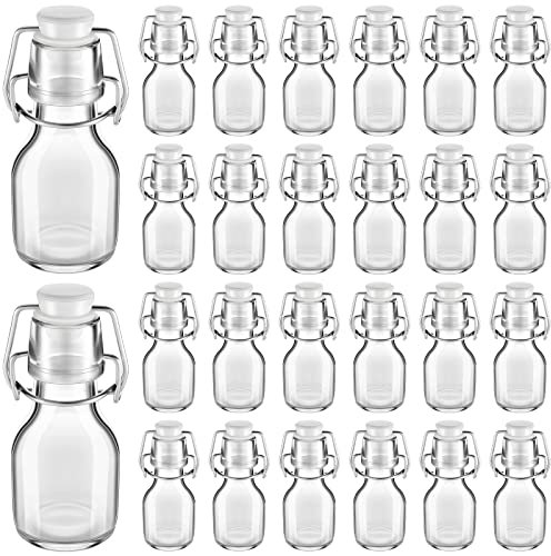 24 mini botellas con tapa abatible con tapones, 2 onzas, mini botellas de vidrio con tapa abatible para manualidades, decoración de boda, recuerdos de fiesta temática