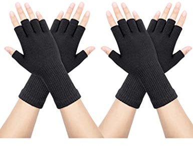 Kiiwah 2 Paires Gants Demi-Doigts d'Hiver, Mitaines Tricotées, Gants de Poignet sans Doigts, Extensibles, Chauds, Unisexe, Noir