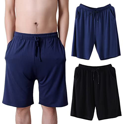 Jamron Hombre Tallas Grandes Pack de 2 Pantalones Cortos de Pijama Elástico Ligero Pantalones Cortos para Dormir en Casa con Bolsillos Negro + Azul Marino 4XL