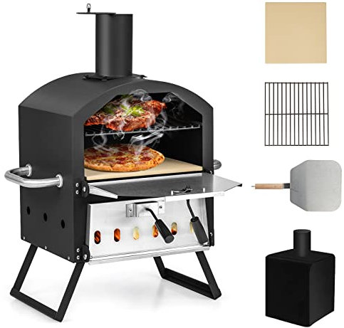 GYMAX Tragbarer Pizzaofen, Pizzabäcker mit klappbaren Beinen & Griffen, holzbefeuerter Pizzagrill mit 2-stöckigem Design & verstellbaren Belüftungsöffnungen, Holzbackofen mit Pizzastein
