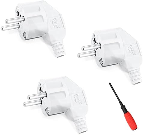 CHEVVY 3 Stück Schuko Plug Stecker, Winkelstecker Stecker 250V/16A | Schutzkontakt Stecker mit Zugentlastung Langlebig Kann für 8-10mm Kabel Spritzwassergeschützt und Langlebig IP20 Weiß