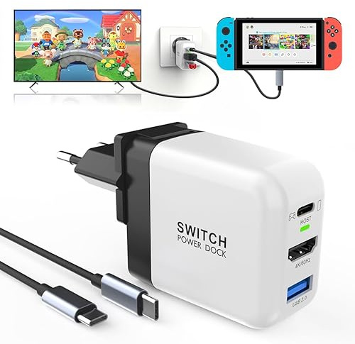 TreasLin Switch Dock Ladegerät PD 65W Ladestation für OLED Tragbarer Dock-Adapter mit USB C 3.1-Anschluss für Switch TV 4K 60Hz Ausgangsnetzteil Weiß