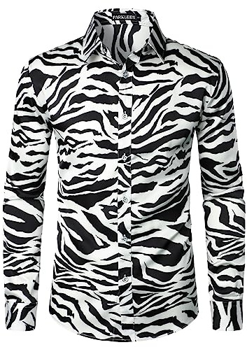 PARKLEES Men's Hipster Silk Printed Slim Fit Long Sleeve Button Up Satin Dress Shirts